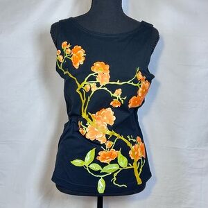 GAIAM Black Tank Top with Orange Floral Vine Print
